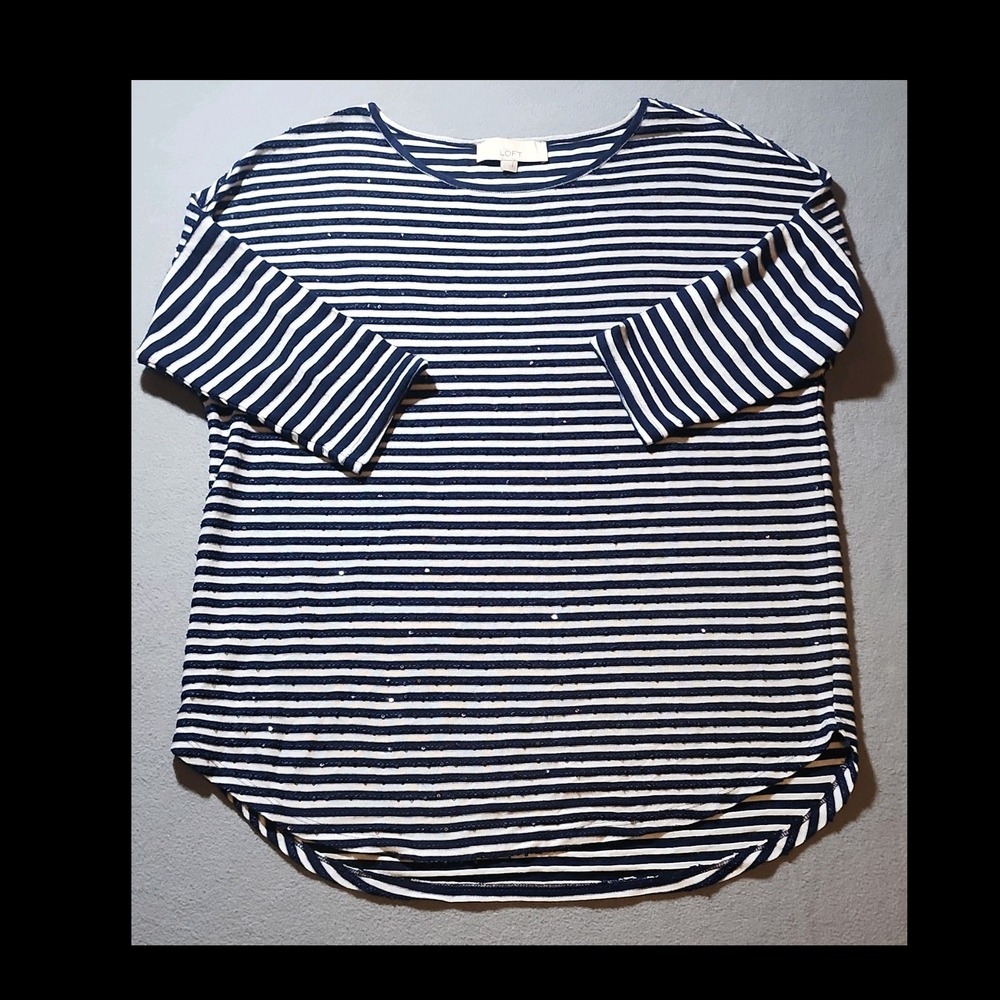LOFT Blue White Striped Sequin Knit Top L Round Neck Long Sleeve Pullover